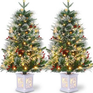 2 Pcs 3ft Prelit Artificial Christmas Tree with Lights, Snow Flocked Xmas Tree with 78 Warm White Lights Snow Pot Base, Xmas Decoration - 1 of 4
