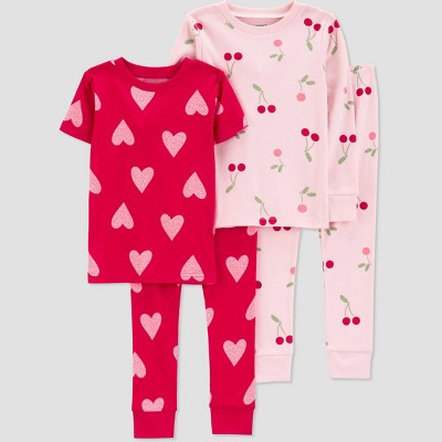 Image of Carter's Just One You®️ Toddler Girls' 4pc Cotton Cherries and Hearts Pajama Set - Pink/Red 18M