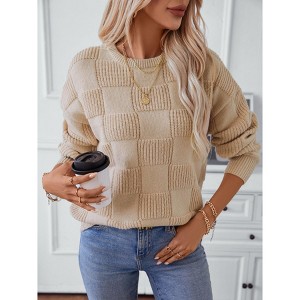 Women Fashion Trendy Long Sleeve Checkered Crewneck Pullover Knit Sweater Tops - 1 of 4