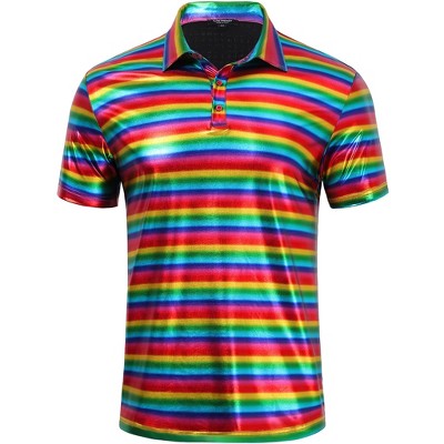 Men's 70s Disco Shirts Shiny Sequins Short Sleeve Party Shirt Slim Fit Nightclub Costume Tops Colorful S