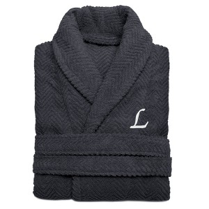 Linum Home Textiles 100% Turkish Cotton Unisex Personalized Herringbone Dark Grey Bathrobe in White Chancery Font - 1 of 2