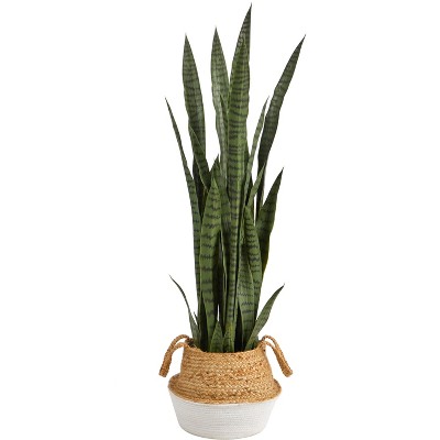 Nearly Natural 46-in Sansevieria Artificial Plant in Boho Chic Handmade Cotton & Jute White Woven Planter