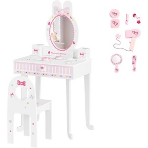 JOYMOR Kids Vanity Set with 7 pcs Makeup, 2-in-1 Table & Chair with Mirror, Drawer & Storage Box (White) - 1 of 4
