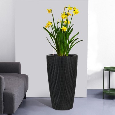 Grungis Planters with Automatic Watering for Outdoor Plants,Faux Rattan Tall Planters with Water Level Monitor Inner Bucket,2PCS