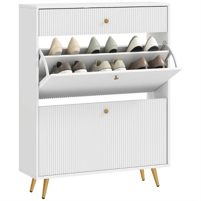 SEVOBAL Narrow Shoe Cabinet with 2 Flip Drawers Wave-Like Panels Adjustable Shelves for 12 Pairs for Entryway Hallway, White, 25.8"*17.91"*13.98"