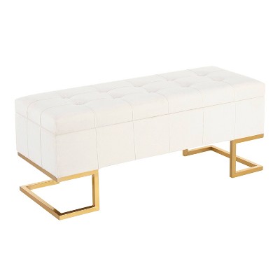 LumiSource 41 Midas Glam Storage Bench Steel Velvet Gold White Upholstered Ottoman with Lift Top Tufted Design