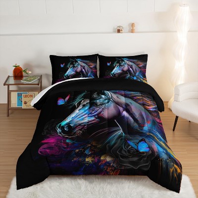 Acoinel 3 Pcs Horse and Butterfly Lightwight Ultra Soft Comforter Set with 2 Pillowcases, Black