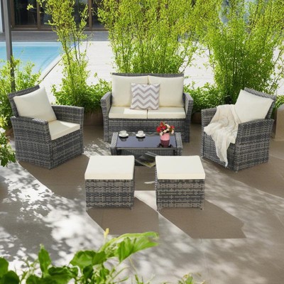 6-Piece Outdoor Patio Rattan Conversation Sofa Set with Tempered Glass Coffee Table