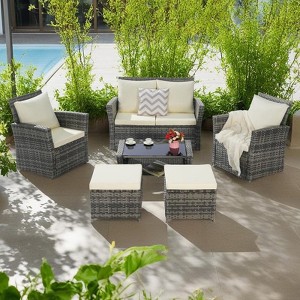 6-Piece Outdoor Patio Rattan Conversation Sofa Set with Tempered Glass Coffee Table - 1 of 4
