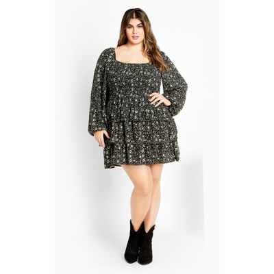 Women's Plus Size Dahlia Print Mini Dress - olive ditsy | CITY CHIC