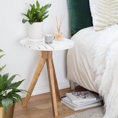 Amari White and Brass Inlay Round Wood Side Table