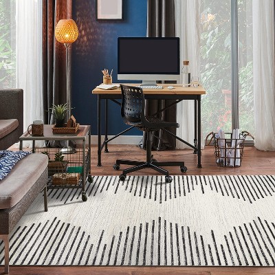 Cream and Black Geometric Stripe Synthetic Area Rug 7'10" x 10'
