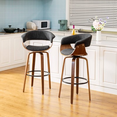 Mid-Century Modern Dark Blue Fabric Walnut Swivel Barstools, Set of 2