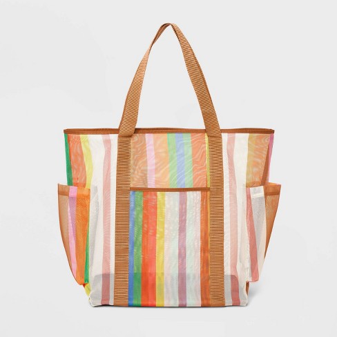 Striped Plastic Mesh Tote Bag