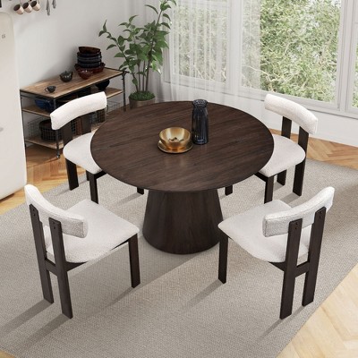 5 PCS Wooden Dining Table Set Dining Set with 4 Boucle Upholstered Dining Chairs&Rubber Wood Round Kitchen Table, Brown/Walnut -ModernLuxe