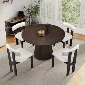 5 PCS Wooden Dining Table Set Dining Set with 4 Boucle Upholstered Dining Chairs&Rubber Wood Round Kitchen Table, Brown/Walnut -ModernLuxe - 1 of 4