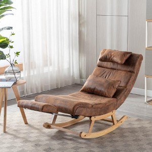 Solid Wood Ergonomic Coffee Rocking Chair, PU Accent Chair with Retractable Footrest - Maison Boucle - 1 of 4