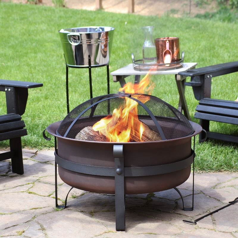 Sunnydaze Outdoor Camping or Backyard Large Round Cauldron Fire Pit Bowl with Log Poker and Spark Screen - 29", 3 of 11