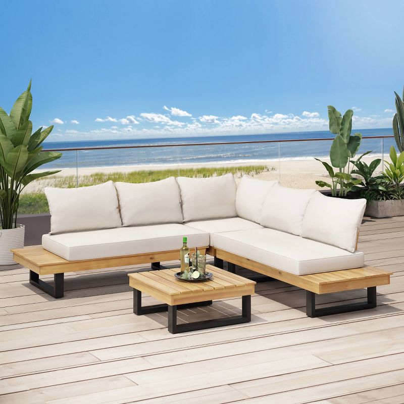 Sebastian 4pc Outdoor Acacia Wood 5 Seater Sofa Sectional with Cushions - Teak/Beige - Christopher Knight Home, 3 of 8