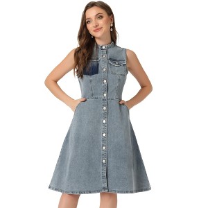 Allegra K Women's Sleeveless Button Down Distressed Midi Denim Shirt Dress - 1 of 4
