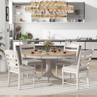 5-Piece Retro Functional Dining Table Set Wood Round Extendable Dining Table and 4 Upholstered Dining Chairs