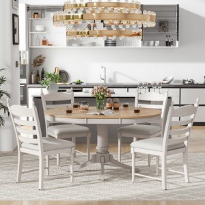 5-Piece Retro Functional Dining Table Set Wood Round Extendable Dining Table and 4 Upholstered Dining Chairs - 1 of 4