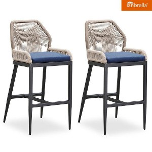 PURPLE LEAF Patio Sunbrella Bar Stools Set of 2 Handwoven Wicker Bar Height Stool Modern Aluminum Outdoor Wicker Barstools with Back and Cushion - 1 of 4