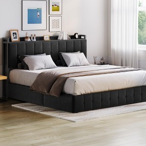 Upholstered Lift Up Storage Bed Frame with Headboard, Velvet Platform Bed with Wooden Slats & Metal Frame, Noise Free, No Box Spring Needed - 1 of 4