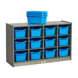 ECR4Kids 12 Cubby Mobile Tray Cabinet with 15 Scoop Front Storage Bins, 3x4, Grey Wash - 1 of 4
