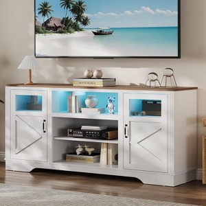 65'' Tall Farmhouse TV Stand with LED Light, TV Cabinet with 2 Barn Doors, 3 Open Storage Shelves Entertainment Center, Media Console Table for - 1 of 4