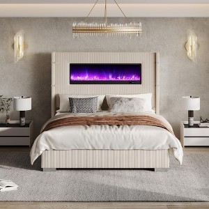 AMERLIFE Modern Bed Frame with Fireplace, Wingback Platform Bed Frame with 60.4“ Extra Tall Headboard, Beige - 1 of 4