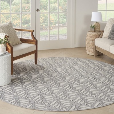 Aloha 8' Round Gray Synthetic Tropical Palm Outdoor Rug