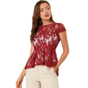 INSPIRE CHIC Women's Lace High Low Hem Cap Sleeves Peplum  Blouse - 1 of 4