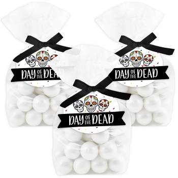 Big Dot of Happiness Day of the Dead - Sugar Skull Party Clear Goodie Favor Bags - Treat Bags With Tags - Set of 12