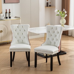 Vynxaria 2-Piece High-End Tufted Dining Chairs, White PU & Pink Velvet Upholstered, Solid Wood Legs with Nailhead Trim, Contemporary Style - 1 of 4