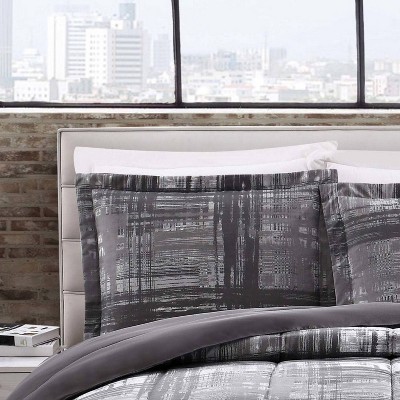 Full Gray Reversible Microfiber Plaid Comforter Set