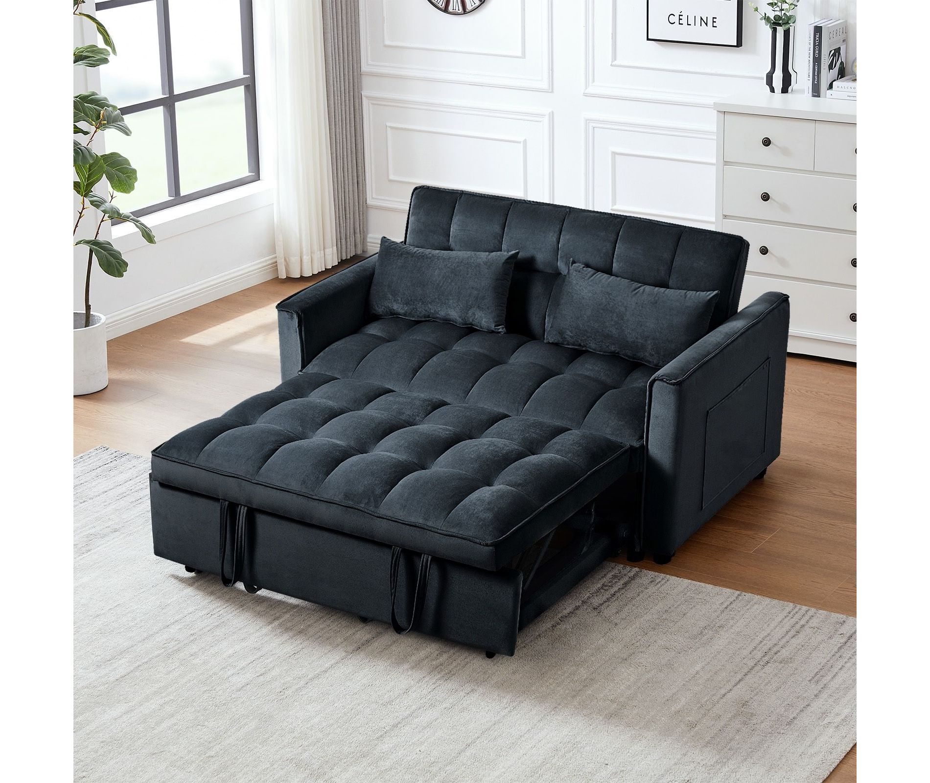 PexFix 3 in 1 Convertible Sleeper Sofa Bed Pull Out Couch Adjustable Backrest Velvet Loveseat Futon Sofa with Pillows for Living Room Apartment Black
