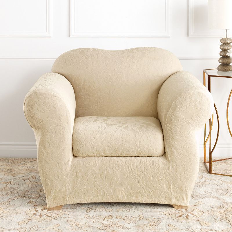 Stretch Jacquard Damask Chair Slipcover Oyster - Sure Fit, 3 of 5