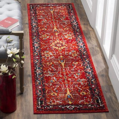 Lorelai Navy and Orange Floral Synthetic 26" Easy-Care Runner Rug