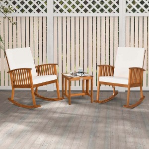 Costway 3 Pieces Acacia Wood Rocking Bistro Set with Coffee Table and Cushions for Lawn - 1 of 4
