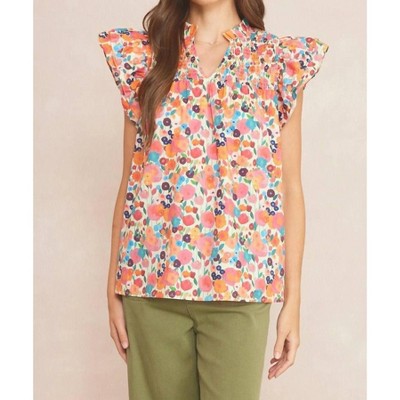 Women's Floral Ruffle Sleeve Top - entro