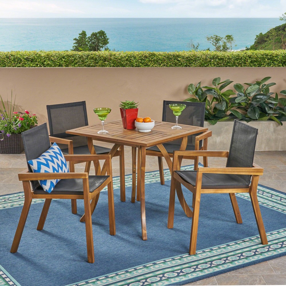 Photos - Garden Furniture Chaucer 5pc Acacia and Mesh Dining Set - Teak/Black - Christopher Knight H