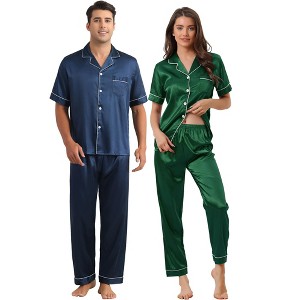 INSPIRE CHIC Couples Pajamas Sets Button Down Short Sleeve Casual 2 Pack Satin Sleepwear - 1 of 4
