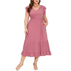 Whizmax Women's Plus Size Summer Casual Short Sleeve V-Neck Smocked Elastic Waist Tiered Midi Dress - 1 of 4