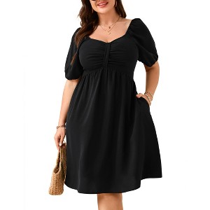 Women's Plus Size Short Puff Sleeve A Line Babydoll Cut Mini Boho Dresses Summer Dress - 1 of 4