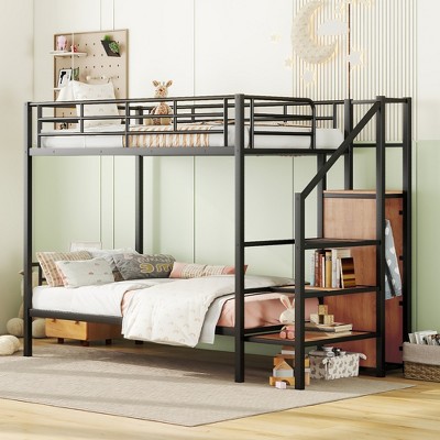 Twin Over Twin Metal Bunk Bed With Lateral Storage Ladder And Wardrobe ...