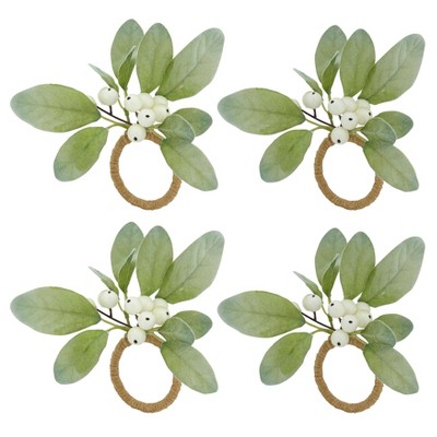 Green and White Berry Woven Napkin Rings Set of 4