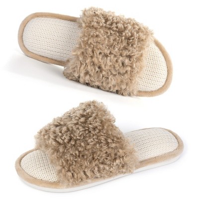 Women's Slip On Fuzzy House Slippers Open Toe Fluffy Plush Memory Foam Indoor Bedroom Slides