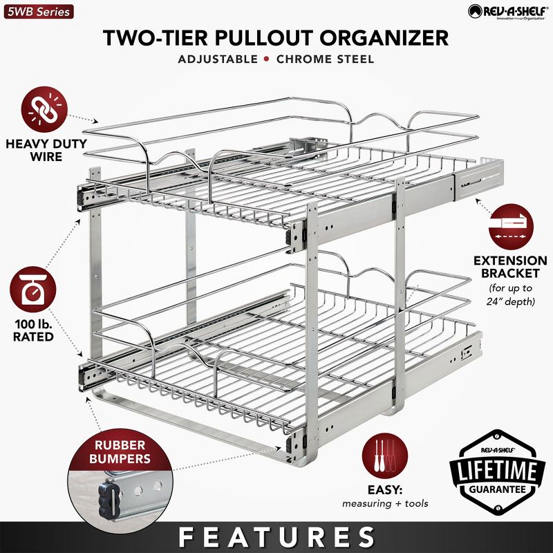 Rev-A-Shelf 5WB2 2-Tier Wire Basket Pull Out Shelf Storage for Kitchen Base Cabinet Organization, Chrome, 4 of 7