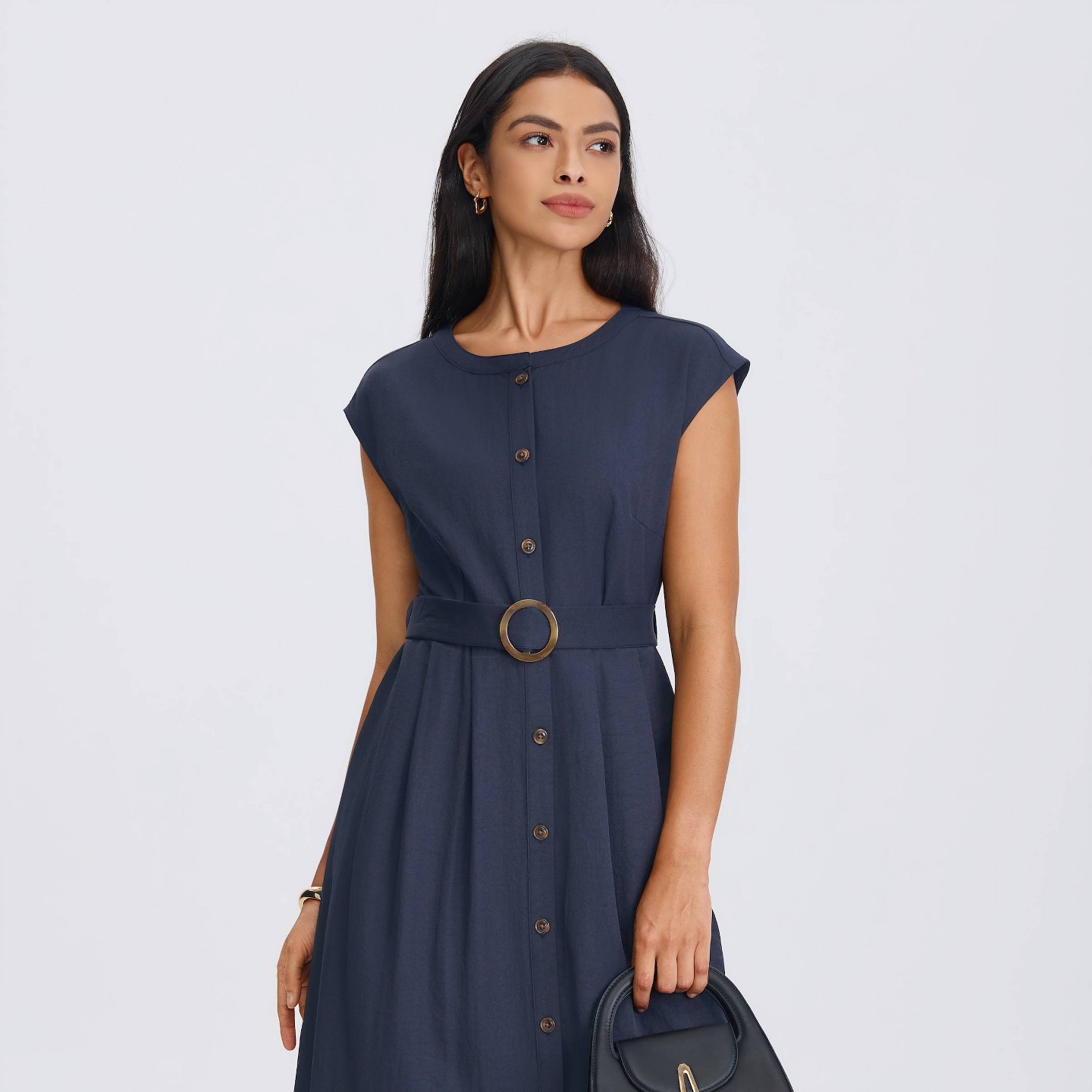 Женское платье A New Day Cap Sleeve Belted Button-Down Midi Shirtdress, цвет: Тёмно-синий — фото 4